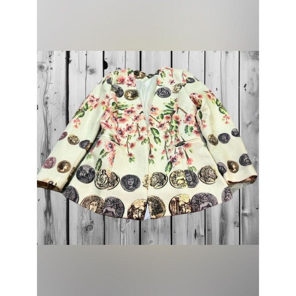 PET WOMAN Cream Floral Coin-Print Tailored Blazer M - Picture 1 of 8